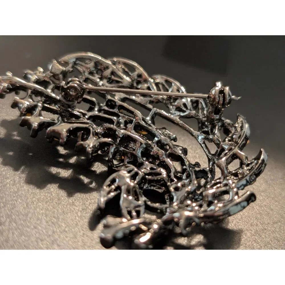 Vintage Aurora Borealis Rhinestone Floral Spray Brooch Gunmetal Statement Pin 2